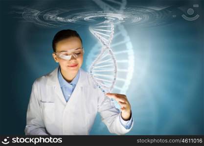 DNA molecule. Woman scientist touching DNA molecule image at media screen