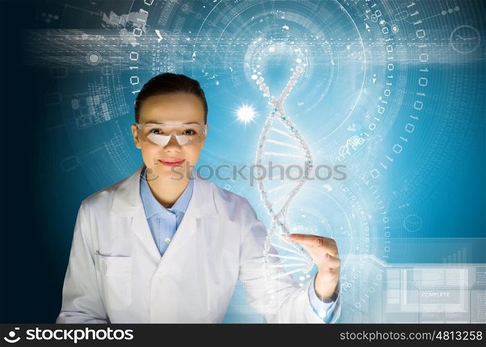 DNA molecule. Woman scientist touching DNA molecule image at media screen