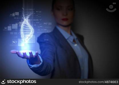 DNA Strand. DNA science background with business person on the background