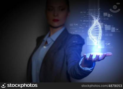 DNA Strand. DNA science background with business person on the background