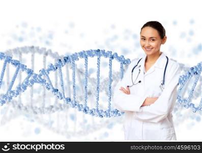 DNA strand illustration. Image of DNA strand against colour background