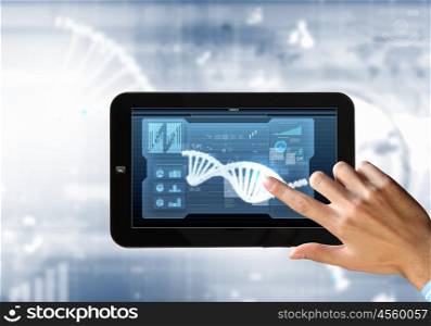 Dna strand On The Tablet Screen. DNA helix abstract background on the tablet screen. Illustration