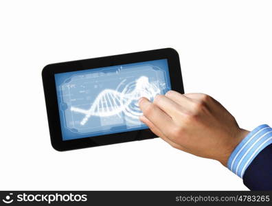 Dna strand On The Tablet Screen. DNA helix abstract background on the tablet screen. Illustration