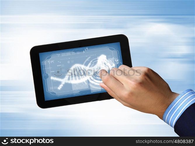 Dna strand On The Tablet Screen. DNA helix abstract background on the tablet screen. Illustration
