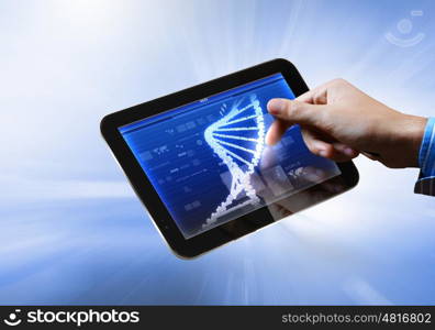 Dna strand On The Tablet Screen. DNA helix abstract background on the tablet screen. Illustration