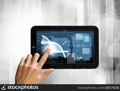 Dna strand On The Tablet Screen. DNA helix abstract background on the tablet screen. Illustration