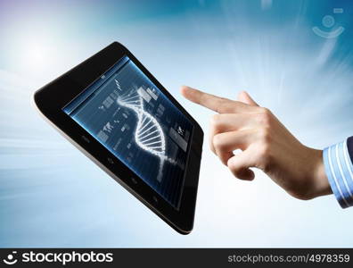 Dna strand On The Tablet Screen. DNA helix abstract background on the tablet screen. Illustration