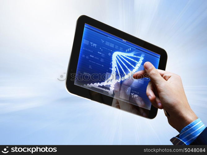 Dna strand On The Tablet Screen. DNA helix abstract background on the tablet screen. Illustration