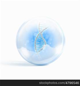 dna strands. Image of DNA strand inside a glass sphere