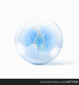 dna strands. Image of DNA strand inside a glass sphere