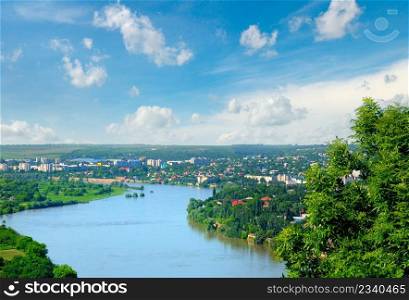 Dniester river, hilly landscape and town of Soroca. Moldova. Journey through picturesque places.