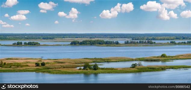 Dnipro river summer panoramic landscape, Kaniv water Reservoir, Kyiv Region, Ukraine.