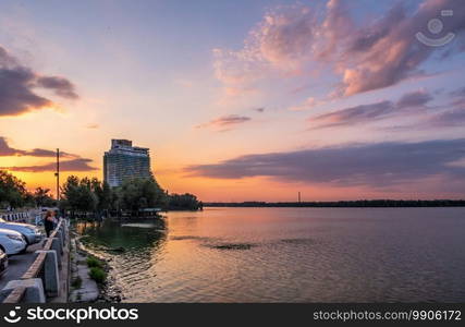 Dnipro, Ukraine 07.18.2020. Embankment in Dnipro city, Ukraine, on a sunny summer evening. Embankment in Dnipro, Ukraine