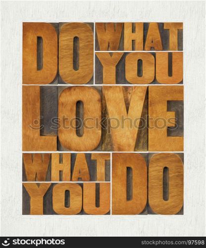 do what you love, love what you do - motivational word abstract - diigtal painintg applied to text in vintage letterpress wood type printing blocks