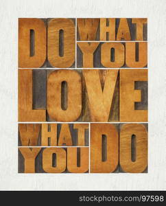 do what you love, love what you do - motivational word abstract - diigtal painintg applied to text in vintage letterpress wood type printing blocks