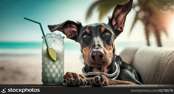 Doberman Pinscher dog is on summer vacation at seaside resort and relaxing rest on summer beach of Hawaii
