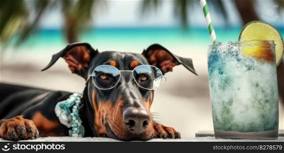 Doberman Pinscher dog is on summer vacation at seaside resort and relaxing rest on summer beach of Hawaii