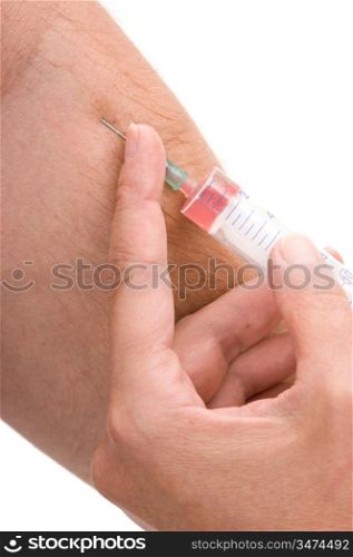 doc makes the patient an injection into a vein isolated on a white background