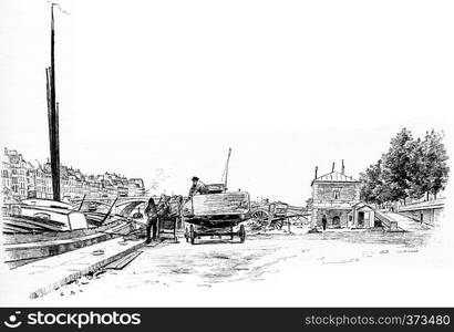 Dock and Bridge Tournelle, vintage engraved illustration. Paris - Auguste VITU ? 1890.