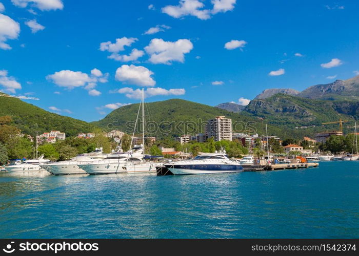 Dock for boats and yachts Budva in a beautiful summer day, Montenegro