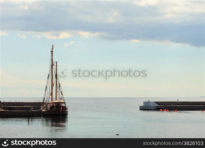 Docked yacht in marina sea port in Christiansoe island Bornholm in the Baltic Sea Denmark Scandinavia Europe