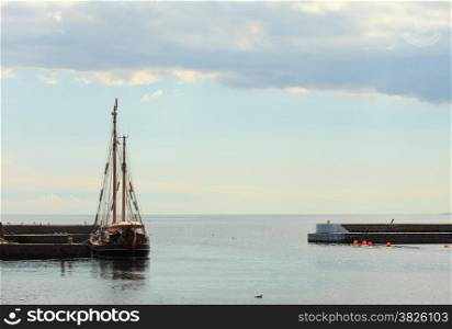 Docked yacht in marina sea port in Christiansoe island Bornholm in the Baltic Sea Denmark Scandinavia Europe