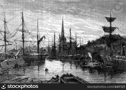 Docks and the church of St. Mary Redcliffe, vintage engraved illustration. Journal des Voyage, Travel Journal, (1880-81).