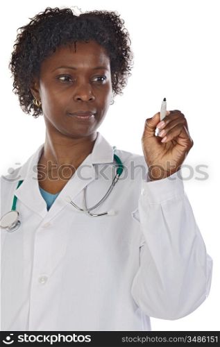 Doctor African American scoring on a white background - focus in the pen -