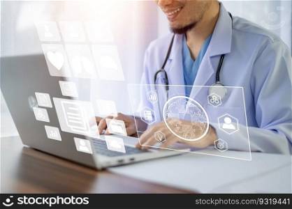 Doctor AI computer, artificial intelligence in modern medical technology and IOT automation. Doctor using AI document management concept.