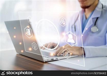 Doctor AI computer, artificial intelligence in modern medical technology and IOT automation. Doctor using AI document management concept.