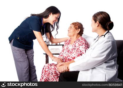 Doctor and Nurse consulting comforting Senior Patient at home health.