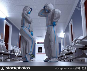 Doctor and nurse wearing Personal protective equipment and talking inside a hospital - 3d rendering. Doctor and nurse wearing Personal protective equipment and talking inside a hospital