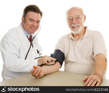 Doctor and senior patient both happy with the results of the physical. Isolated on white.