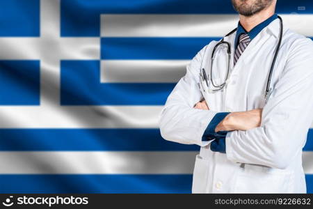 Doctor arms crossed with stethoscope over greece flag. Health and care with flag of greece, Concept of national health of greece