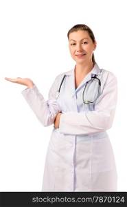 doctor brunette holding a hand on a white background