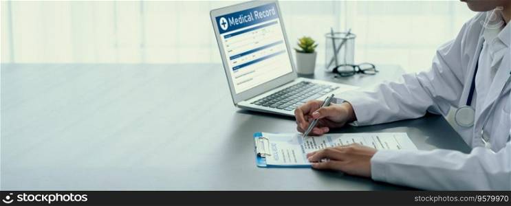 Doctor carefully review detailed medical report on laptop and diagnosing illness for effective healthcare treatment plan for patient in doctor office. Professional medical evaluation. Neoteric. Doctor carefully review detailed medical report on laptop. Neoteric