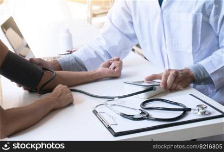 Doctor check body by stethoscope. Healthcare and medical concept. Professional medical doctor in uniform gown coat interview consulting patient