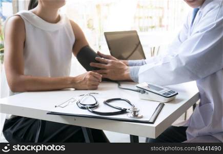 Doctor check body by stethoscope. Healthcare and medical concept. Professional medical doctor in uniform gown coat interview consulting patient