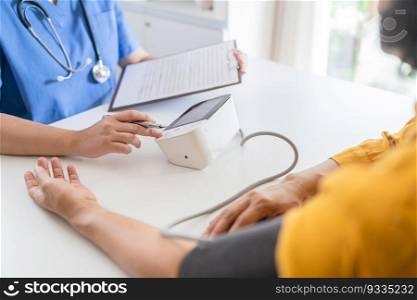 Doctor checking  patient arterial blood pressure. Health care