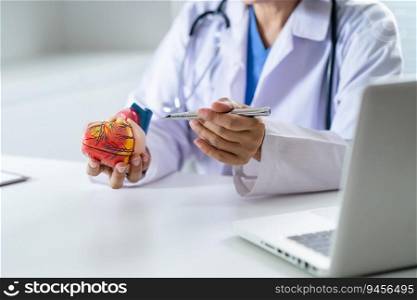 Doctor consult patient on laptop with anatomical model of human heart Cardiologist supports the heart Online doctor appointment.
