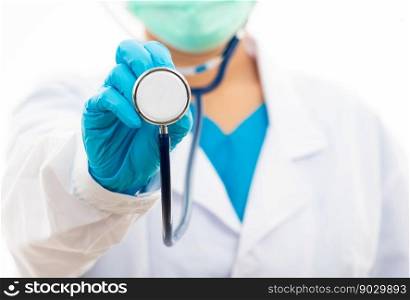 Doctor Day Concept. Female nurse wearing rubber gloves and, woman doctor white uniform holding stethoscope and show isolated on white background, medical health concept, close up