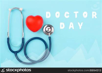 Doctor Day concept, Top view flat lay of doctor stethoscope and red hearts diagnosis of heart disease on blue background with copy space for text, Medical and Health care insurance