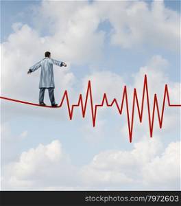 Doctor diagnosis danger and risk as a medical concept and health care metaphor with a physician in a lab coat walking on a tightrope or high wire shaped as an ECG pulse trace as a symbol of monitoring patient health safely and carefully.