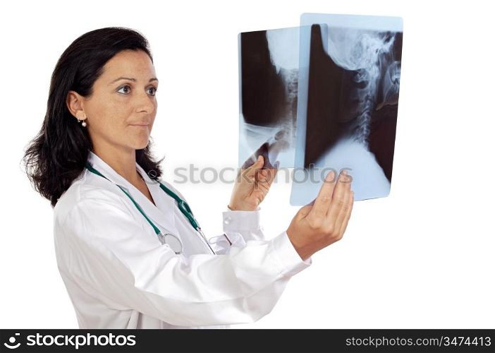 doctor examining a radio graphs a over white background