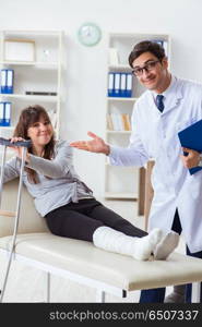 Doctor examining patient with broken leg