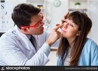 Doctor examining patients eye in hospital