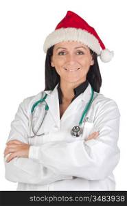 Doctor girl with with Santa Claus hat on a over white background