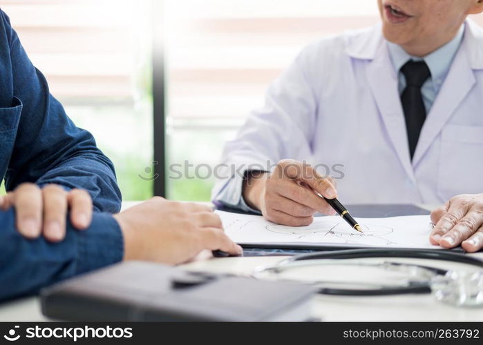 doctor giving a consultation discussing to patient and explaining medical informations and diagnosis, Medicine and health care concept.