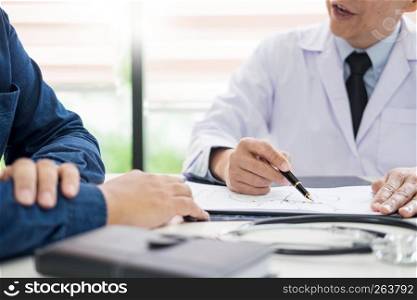 doctor giving a consultation discussing to patient and explaining medical informations and diagnosis, Medicine and health care concept.