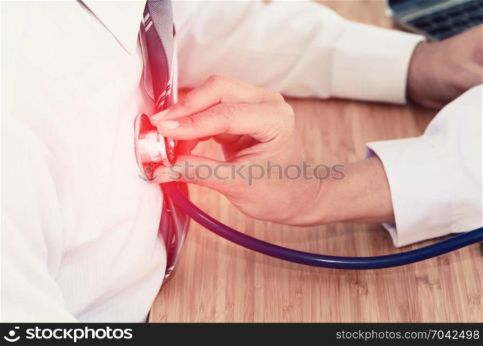 doctor hand holding stethoscope in front of patient chest, listen heartbeat, healthcare concept